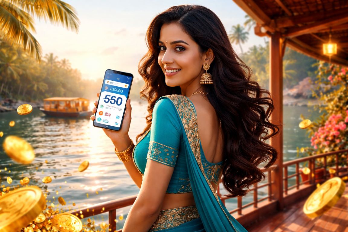 Mobile user enjoying promotions via smartphone in Kerala backwaters