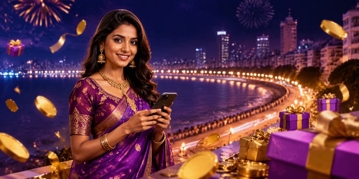 Mumbai Marine Drive with model using mobile payment at night